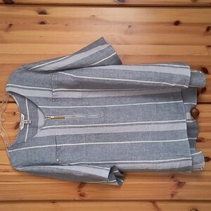 Women's Linen Top Blouse Blue White Striped Gold Tassel Zipper